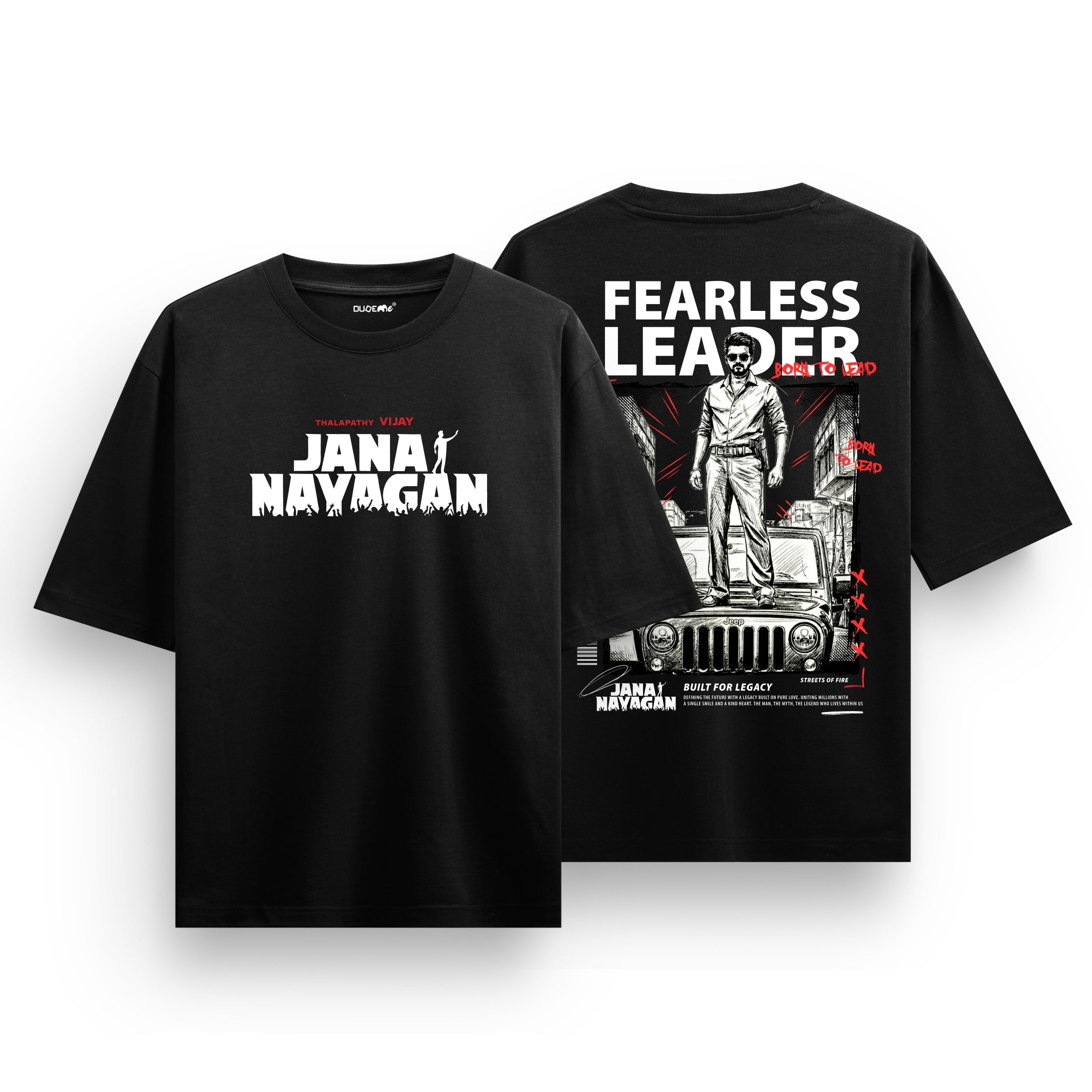 Jana Nayagan Thalapathy Vijay Fearless Leader Black Oversized T-Shirt - Dudeme