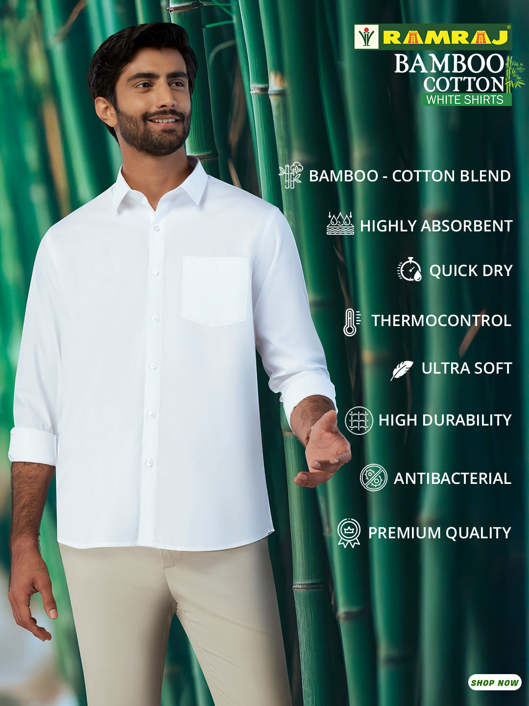 Bamboo Cotton Shirt (Men Bamboo Cotton White Full Shirt - 38) - Ramraj Cotton