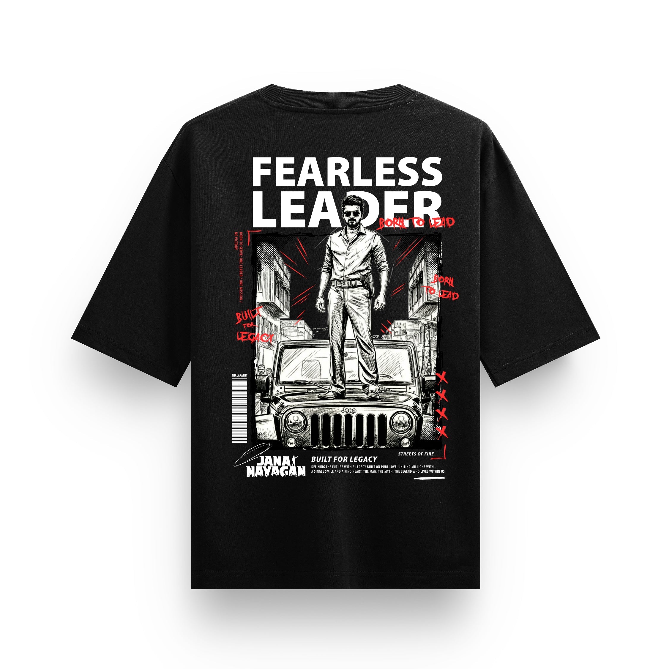 Jana Nayagan Thalapathy Vijay Fearless Leader Black Oversized T-Shirt - Dudeme