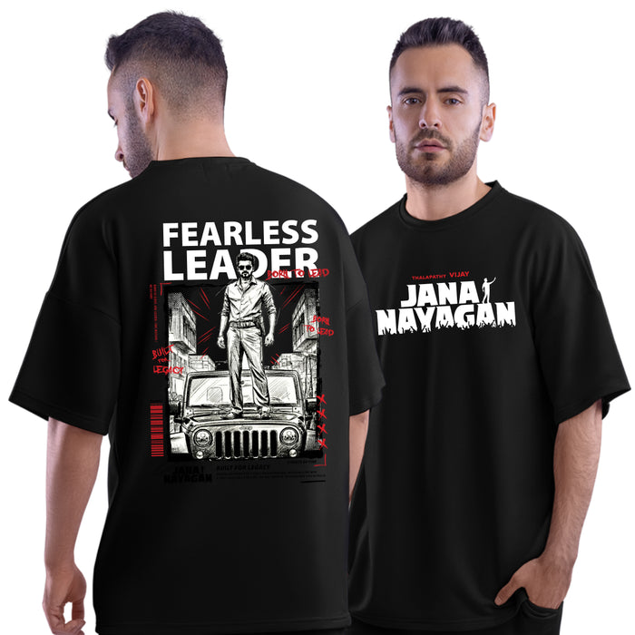 Jana Nayagan Thalapathy Vijay Fearless Leader Black Oversized T-Shirt - Dudeme