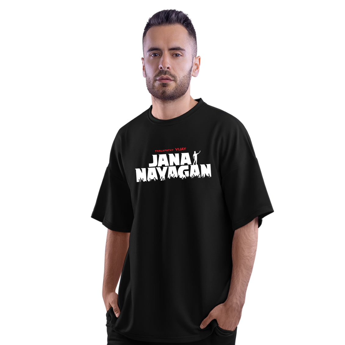 Jana Nayagan Thalapathy Vijay Fearless Leader Black Oversized T-Shirt - Dudeme