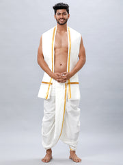Men Readymade Cream Panchakacham (Men Readymade Cream Panchakacham & Angavastram with Gold Jari Border - 34) - Ramraj Cotton