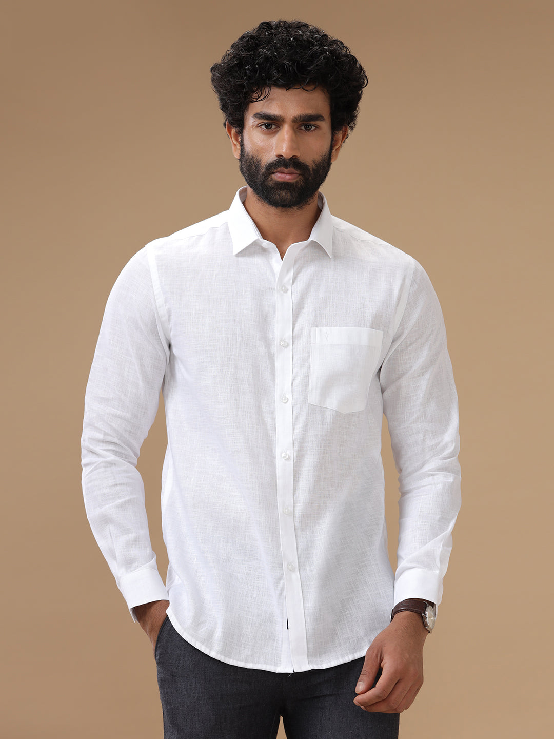Linen Cotton White Shirt (Men Linen Cotton White Shirt Full Sleeve - 38) - Ramraj Cotton
