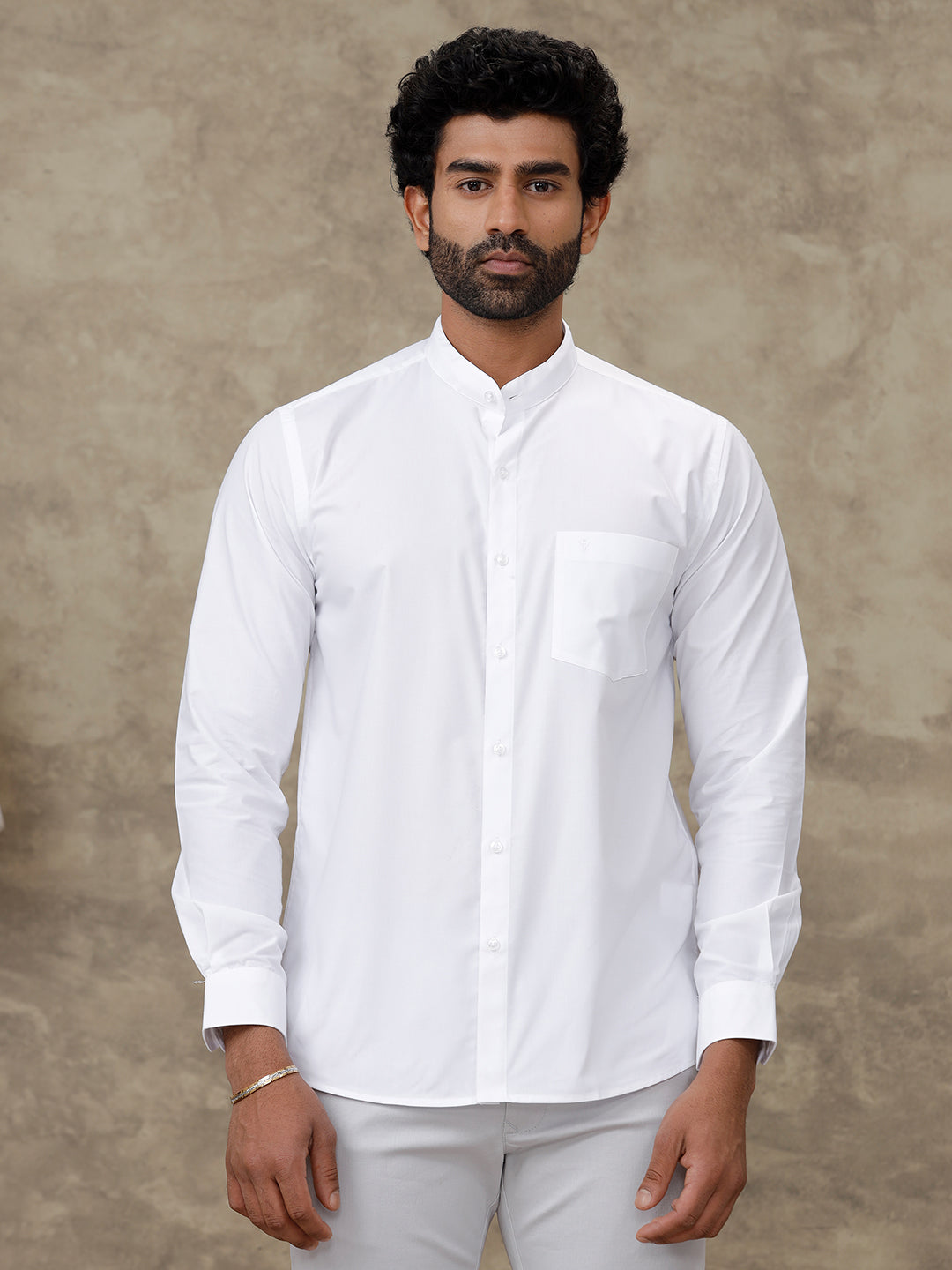 Cotton Blend Chinese Collar White Full Shirt - 38 - Ramraj Cotton