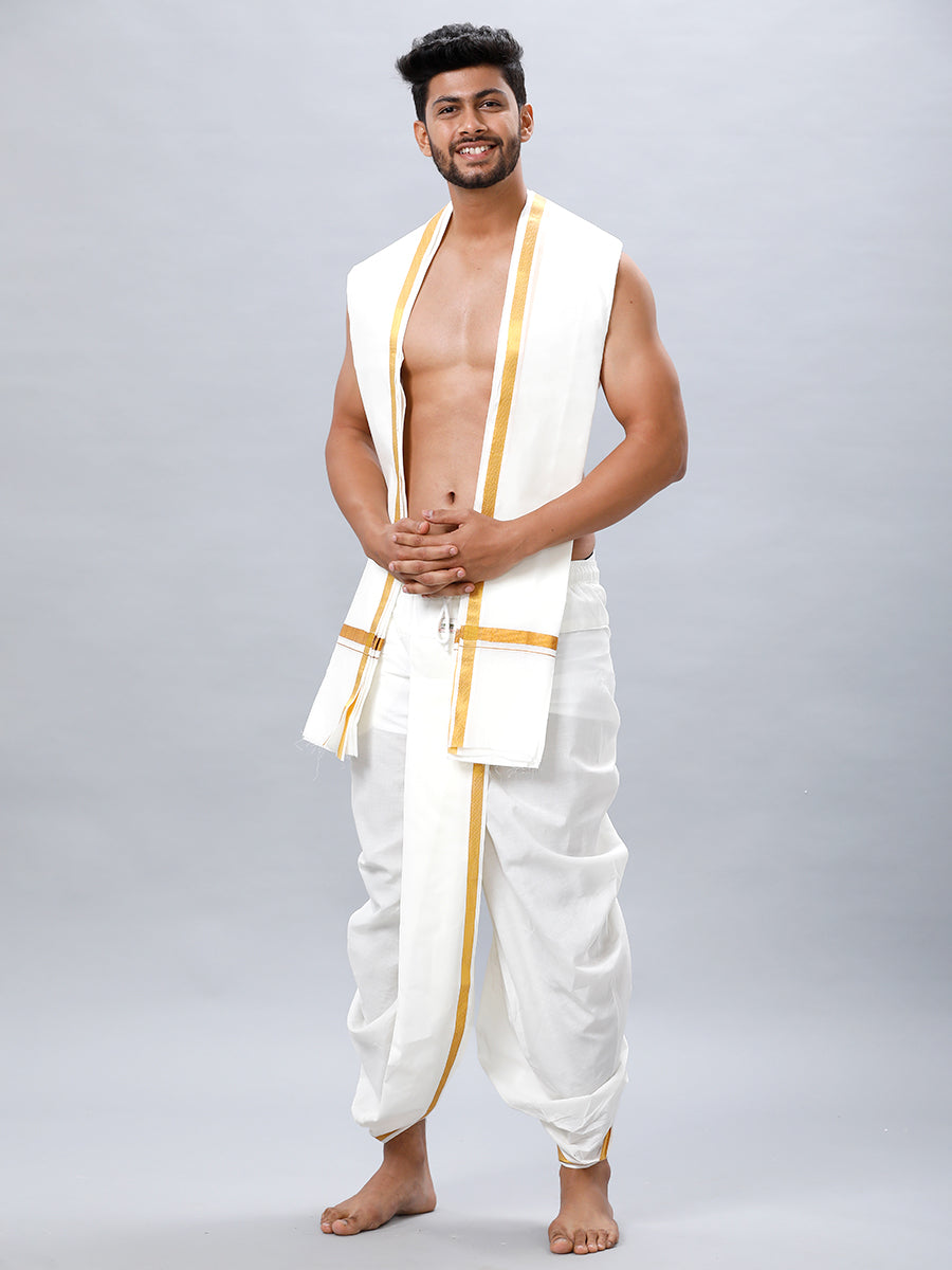 Men Readymade Cream Panchakacham (Men Readymade Cream Panchakacham & Angavastram with Gold Jari Border - 34) - Ramraj Cotton