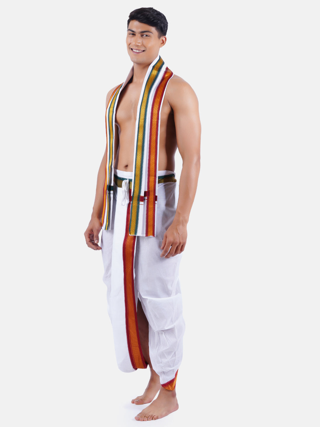 Men Readymade White Panchakacham (Men Readymade White Panchakacham & Angavastram with Mayilkhan Border - 34) - Ramraj Cotton
